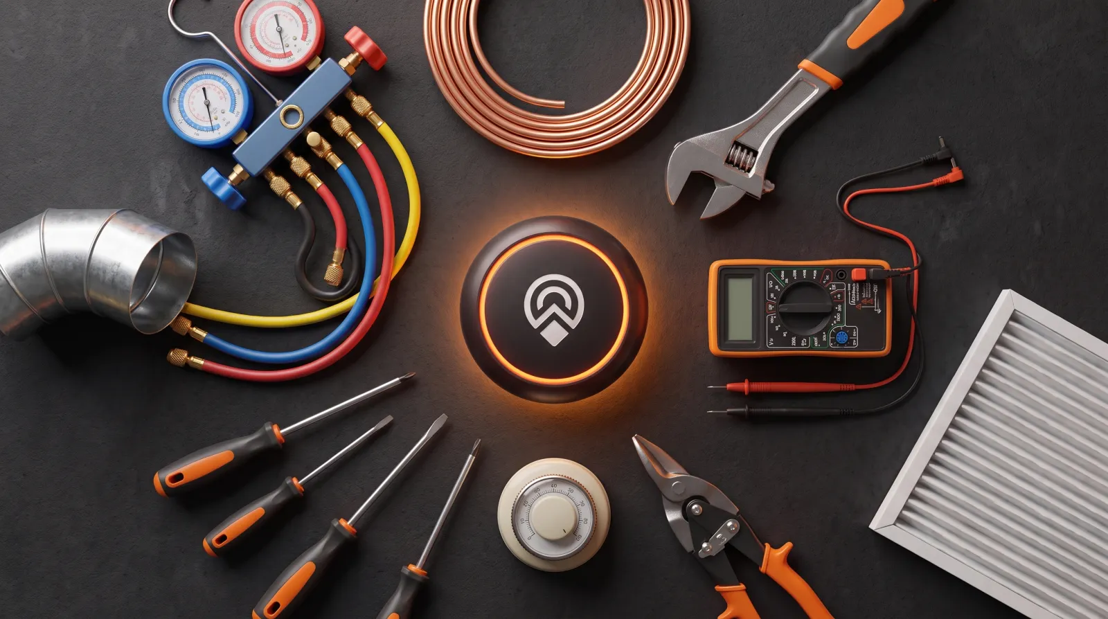 HVAC tools — manifold gauges, copper tubing, a multimeter, air filter and ductwork — arranged around the glowing Local Leader disk