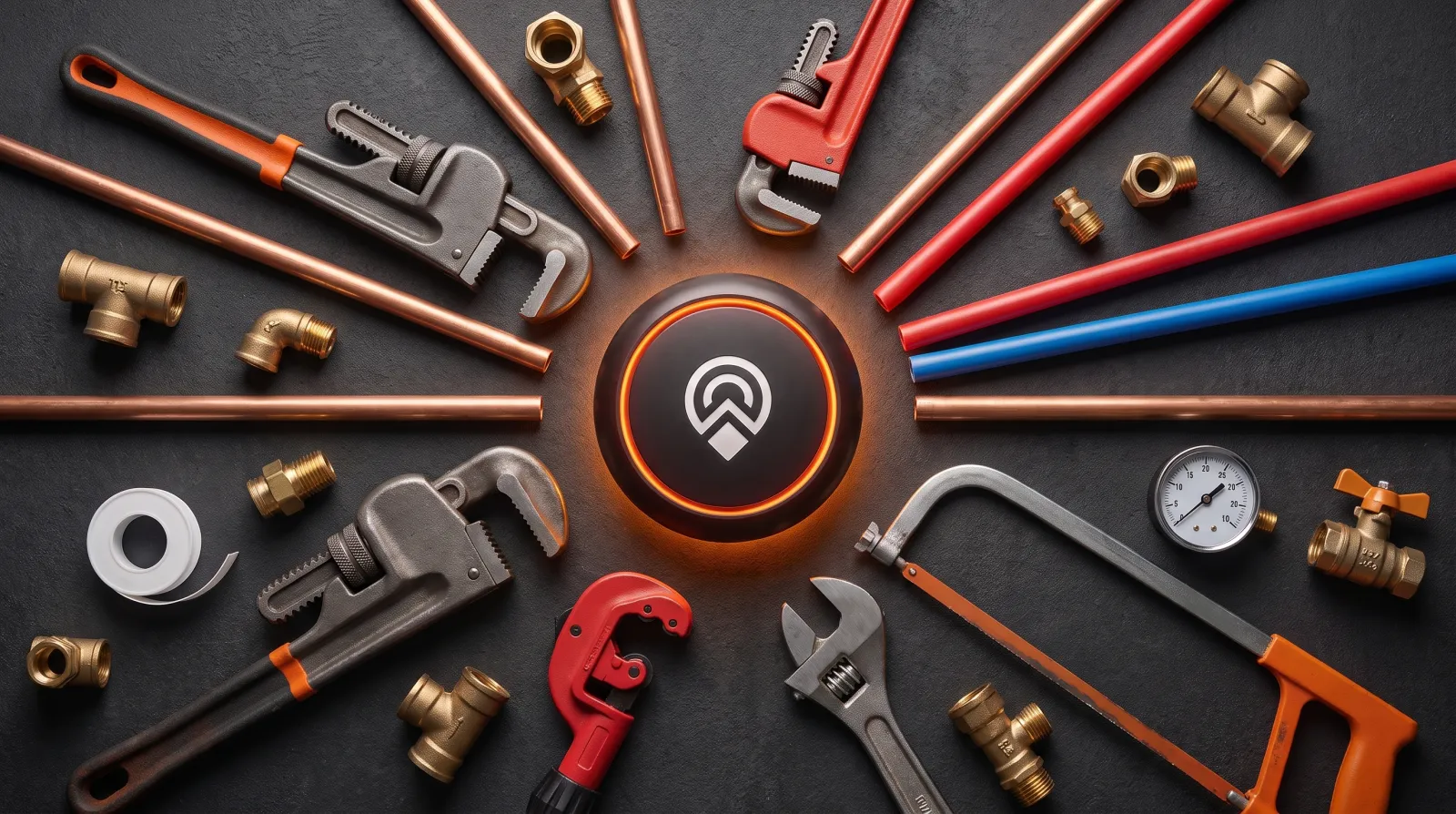Plumbing tools — pipe wrenches, copper and PEX pipe, brass fittings and a tubing cutter — arranged around the glowing Local Leader disk