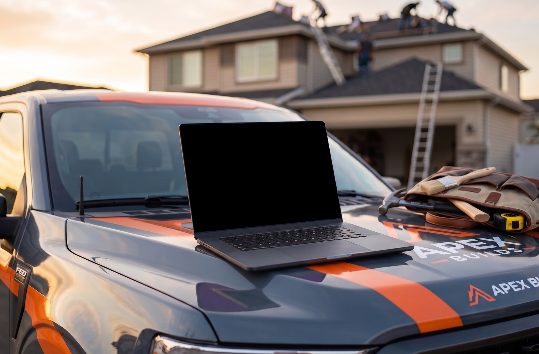 A branded Local Leader work truck with a MacBook Pro on the hood showing the website, a roofing crew on a modern home blurred in the background